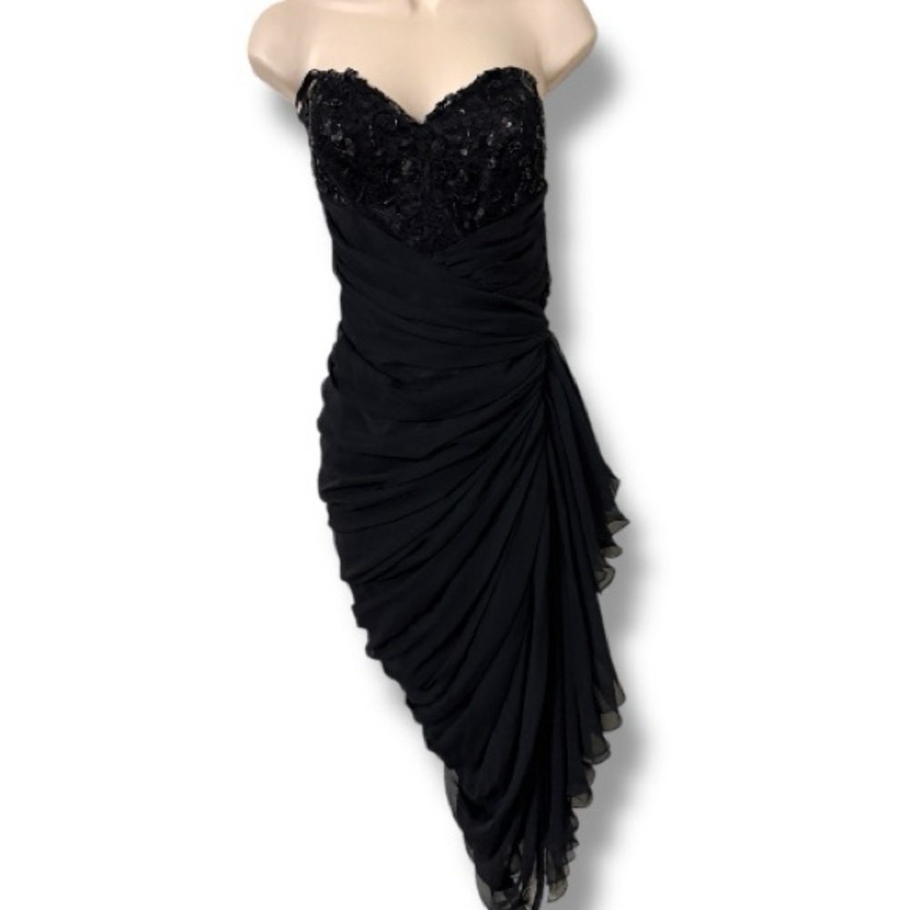 Tadashi Shoji Beaded Lace Chiffon Ruched Black Dress Size 8